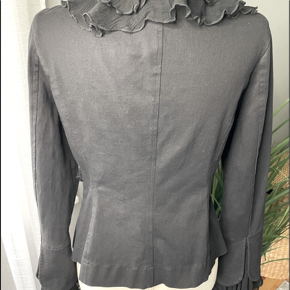Black denim jacket by/Beshubie! Beautiful sheer ruffle trimmed collar cuffs/tie - Picture 7 of 8